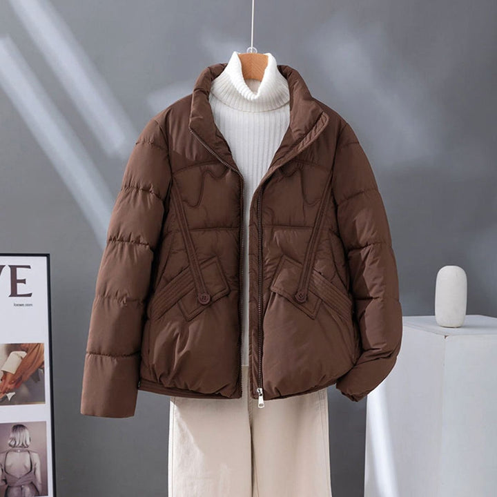 Women's Cropped Quilted Zip-Up Puffer Jacket Stand Collar - Brown
