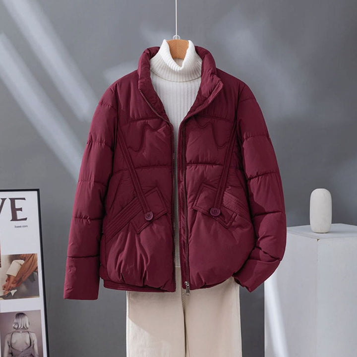 Women's Cropped Quilted Zip-Up Puffer Jacket Stand Collar - Burgundy