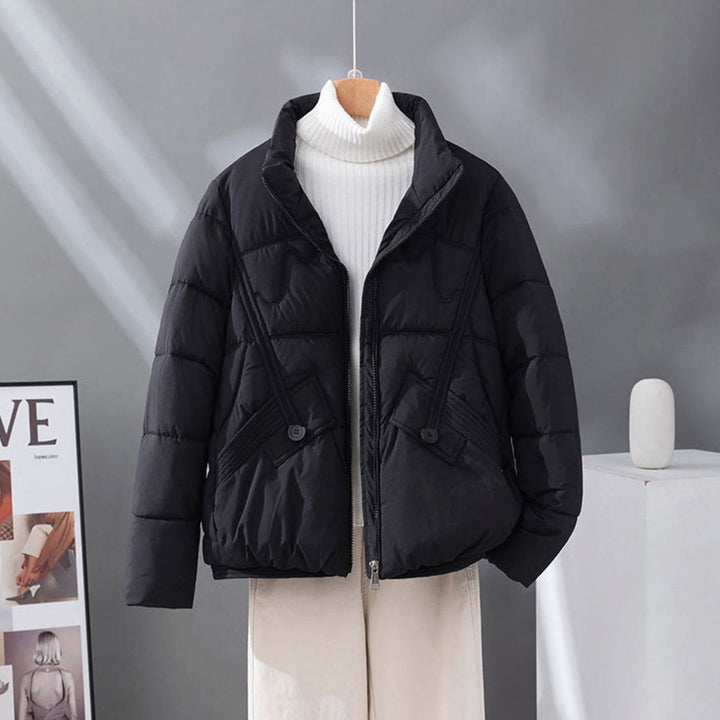 Women's Cropped Quilted Zip-Up Puffer Jacket Stand Collar - Black