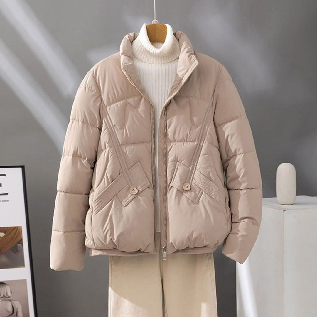 Women's Cropped Quilted Zip-Up Puffer Jacket Stand Collar - Khaki