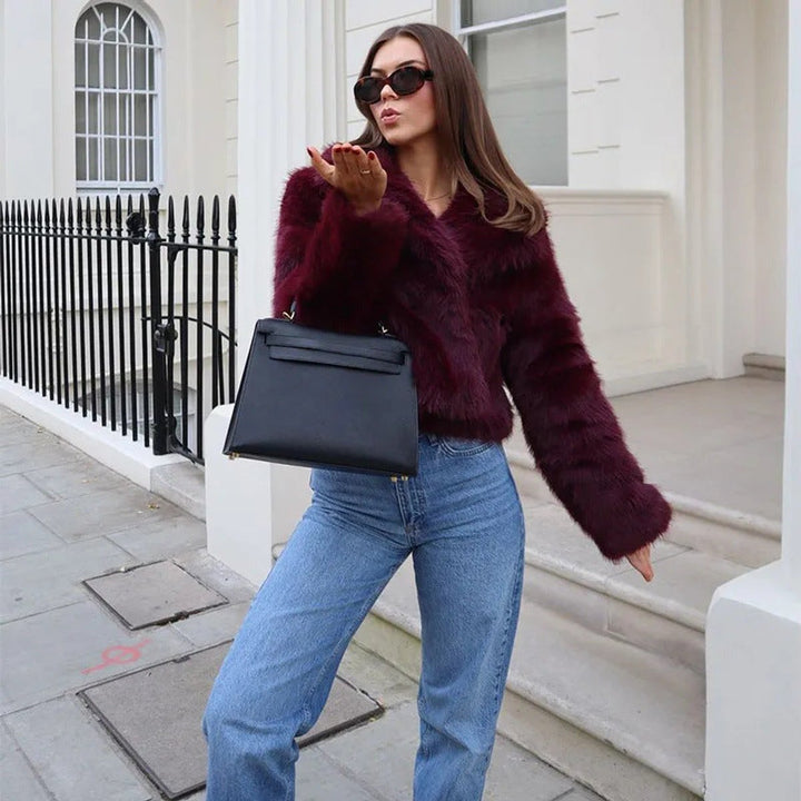 Women's Cropped V-Neck Faux Fur Coat Fluffy Jacket