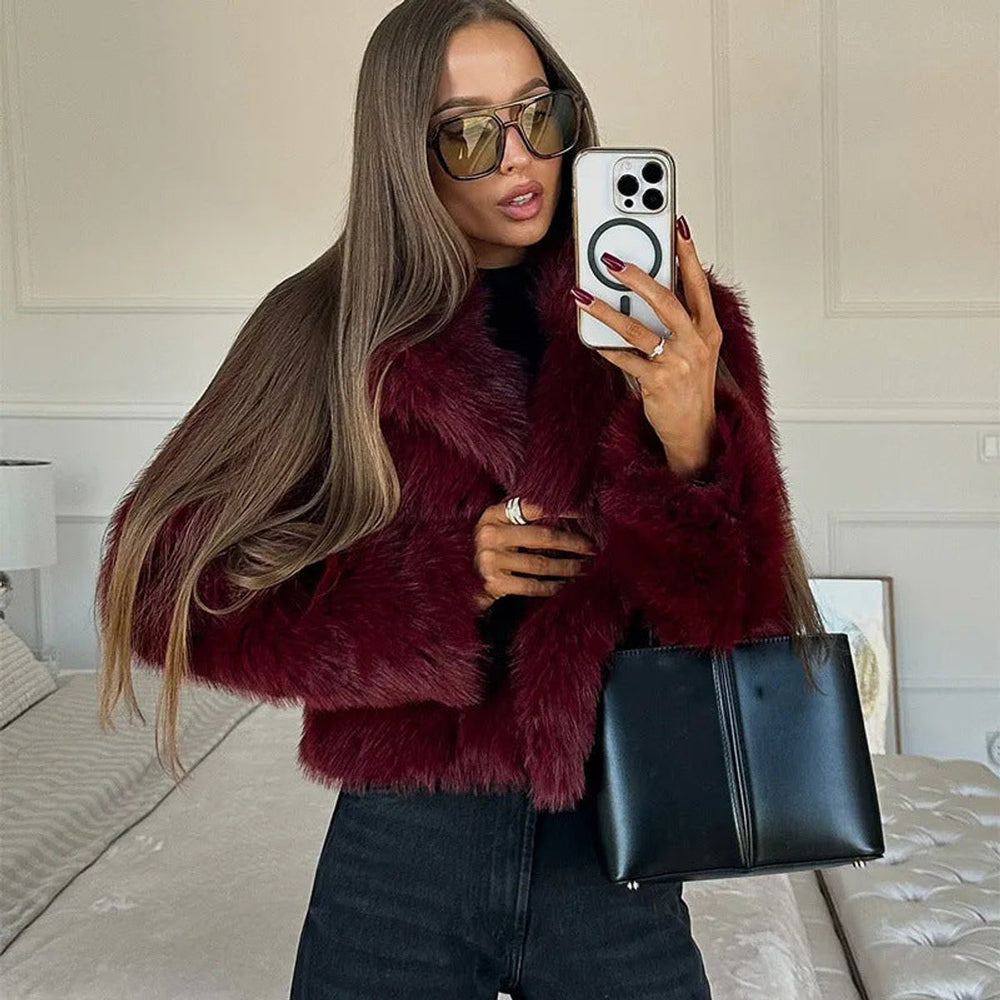 Women's Cropped V-Neck Faux Fur Coat Fluffy Jacket