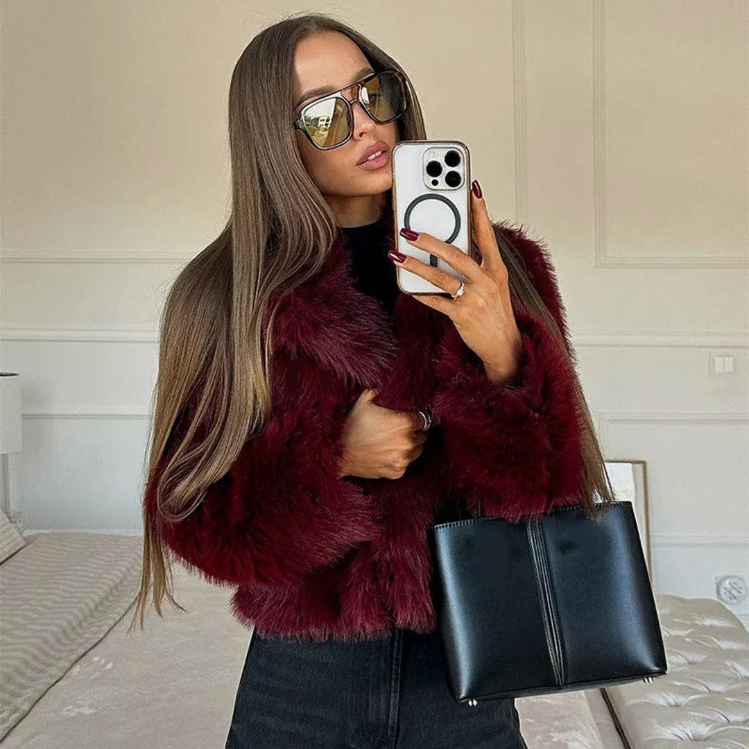 Women's Cropped V-Neck Faux Fur Coat Fluffy Jacket