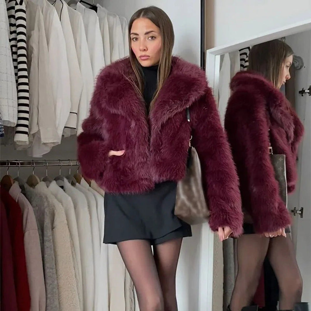 Women's Cropped V-Neck Faux Fur Coat Fluffy Jacket