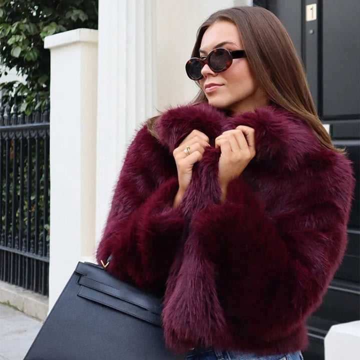 Women's Cropped V-Neck Faux Fur Coat Fluffy Jacket