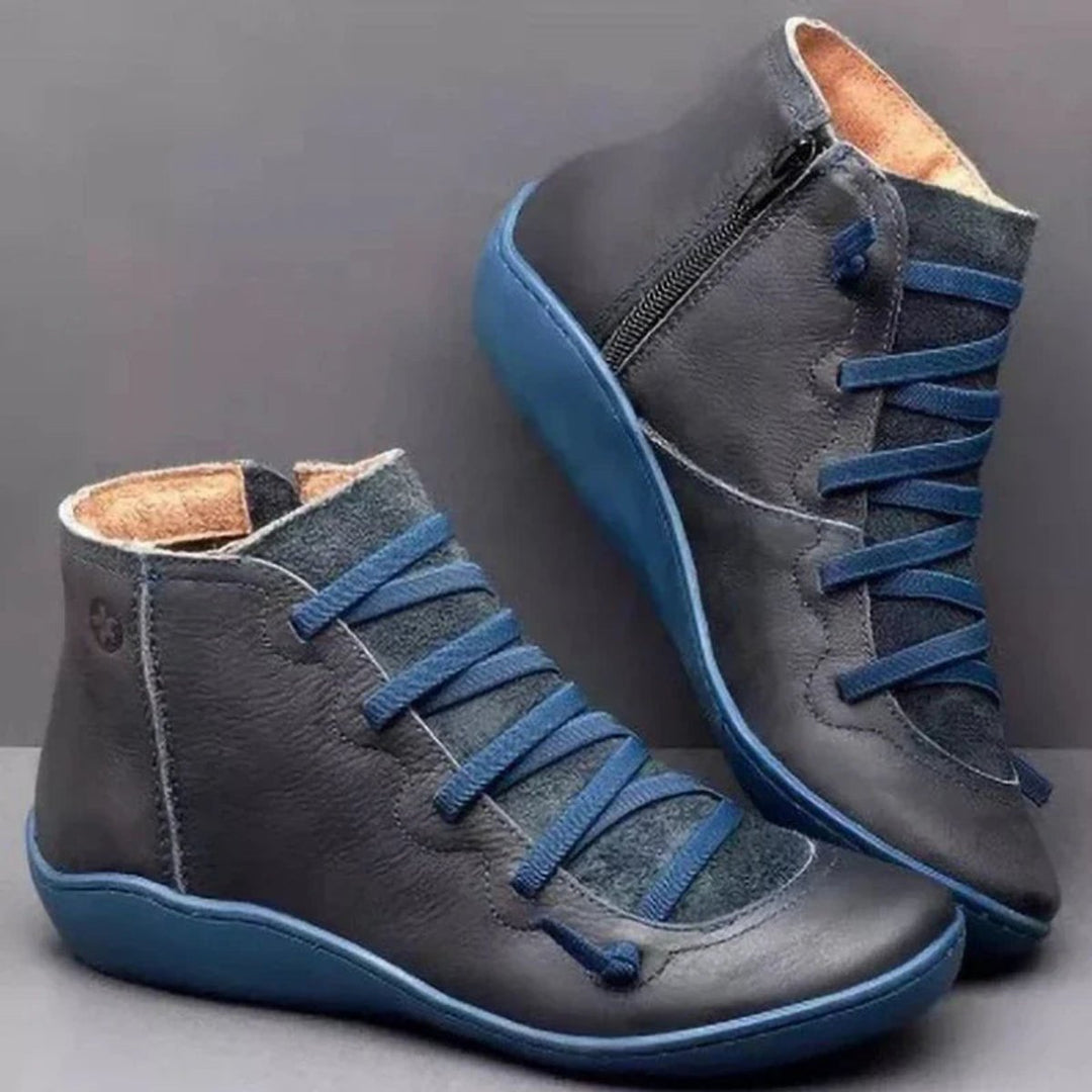 Women's Cross-Strap PU Leather Ankle Heeled Boots Side Zip