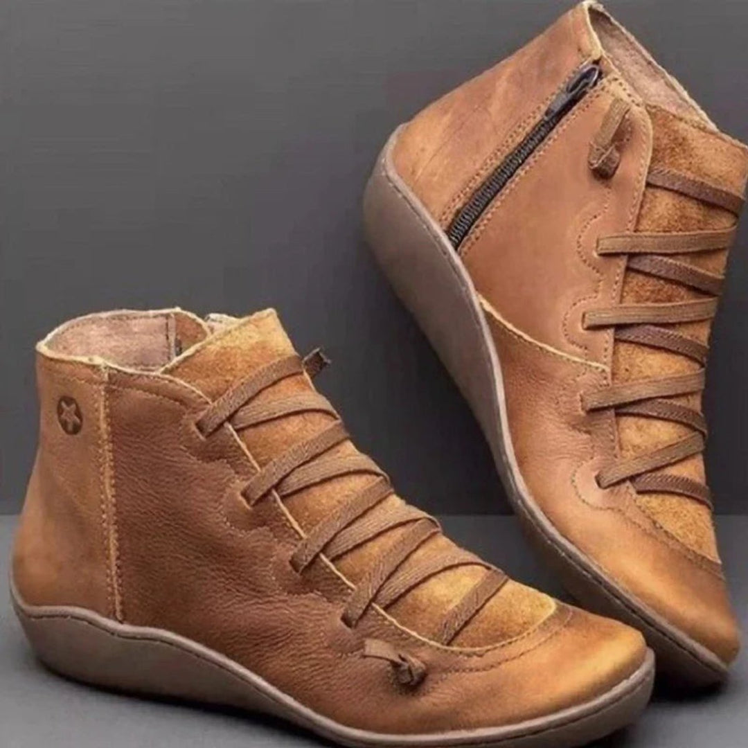 Women's Cross-Strap PU Leather Ankle Heeled Boots Side Zip