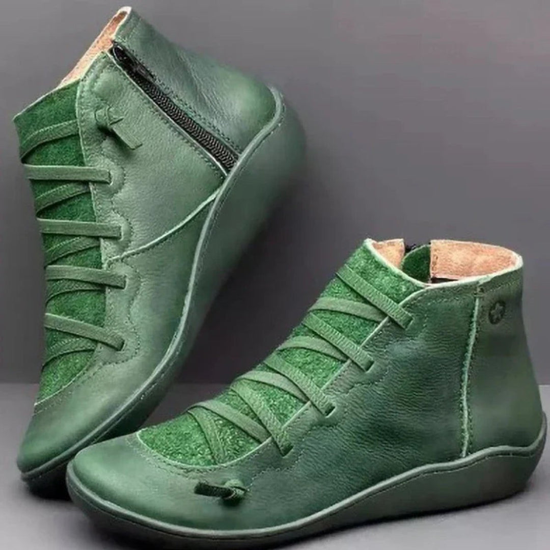 Women's Cross-Strap PU Leather Ankle Heeled Boots Side Zip