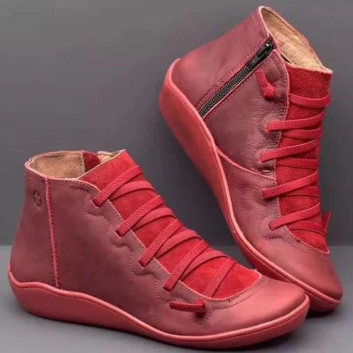Women's Cross-Strap PU Leather Ankle Heeled Boots Side Zip