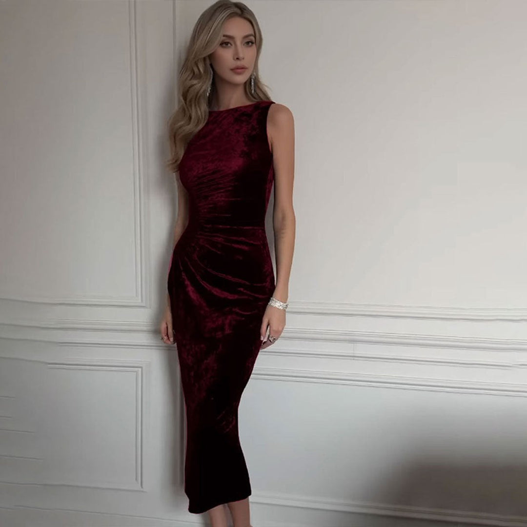 Women's Crushed Velvet Party Dress Ruched Bodycon Midi