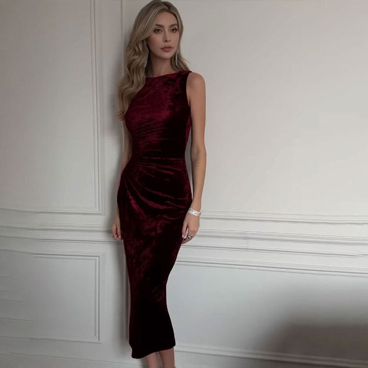 Women's Crushed Velvet Party Dress Ruched Bodycon Midi