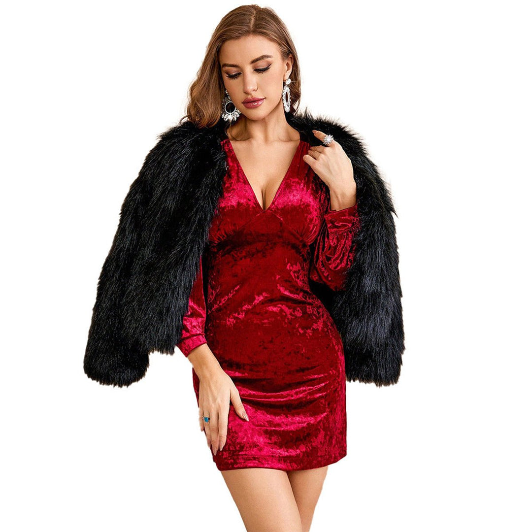 Women's Crushed Velvet Party Dress V-Neck Bodycon Long Balloon Sleeve Mini