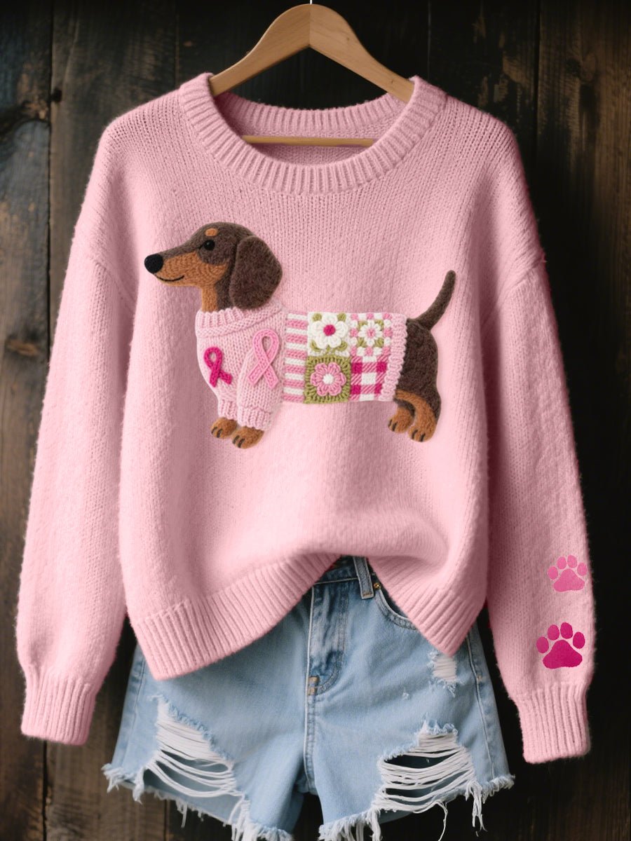 Women's Dachshund Patchwork Knitted Sweater Ribbed Crew Neck Jumper