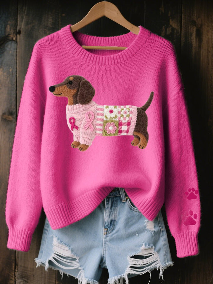 Women's Dachshund Patchwork Knitted Sweater Ribbed Crew Neck Jumper
