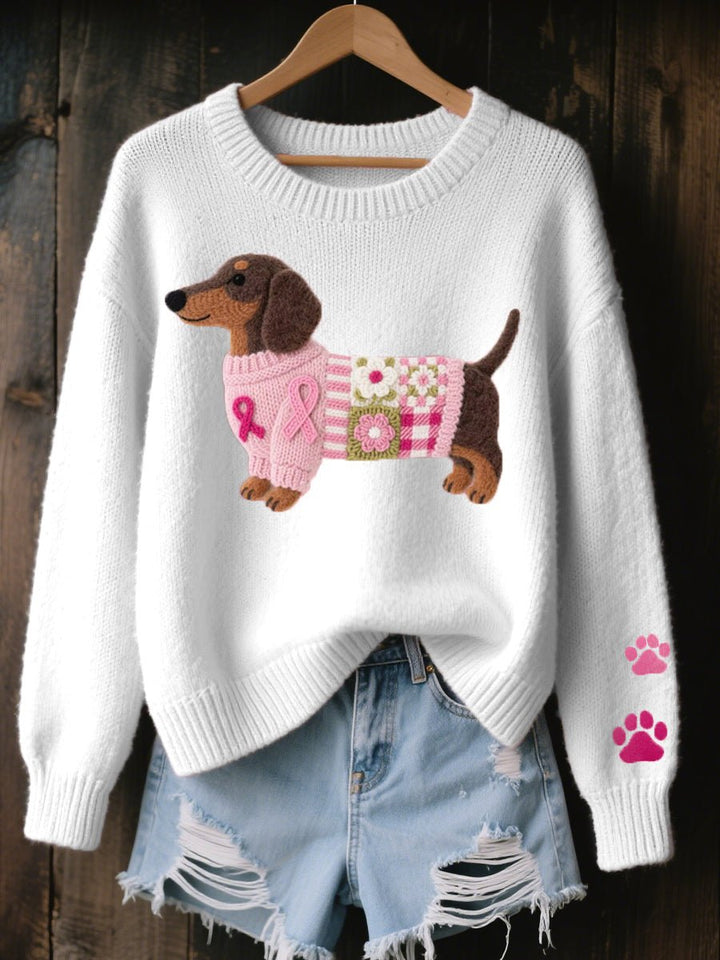 Women's Dachshund Patchwork Knitted Sweater Ribbed Crew Neck Jumper