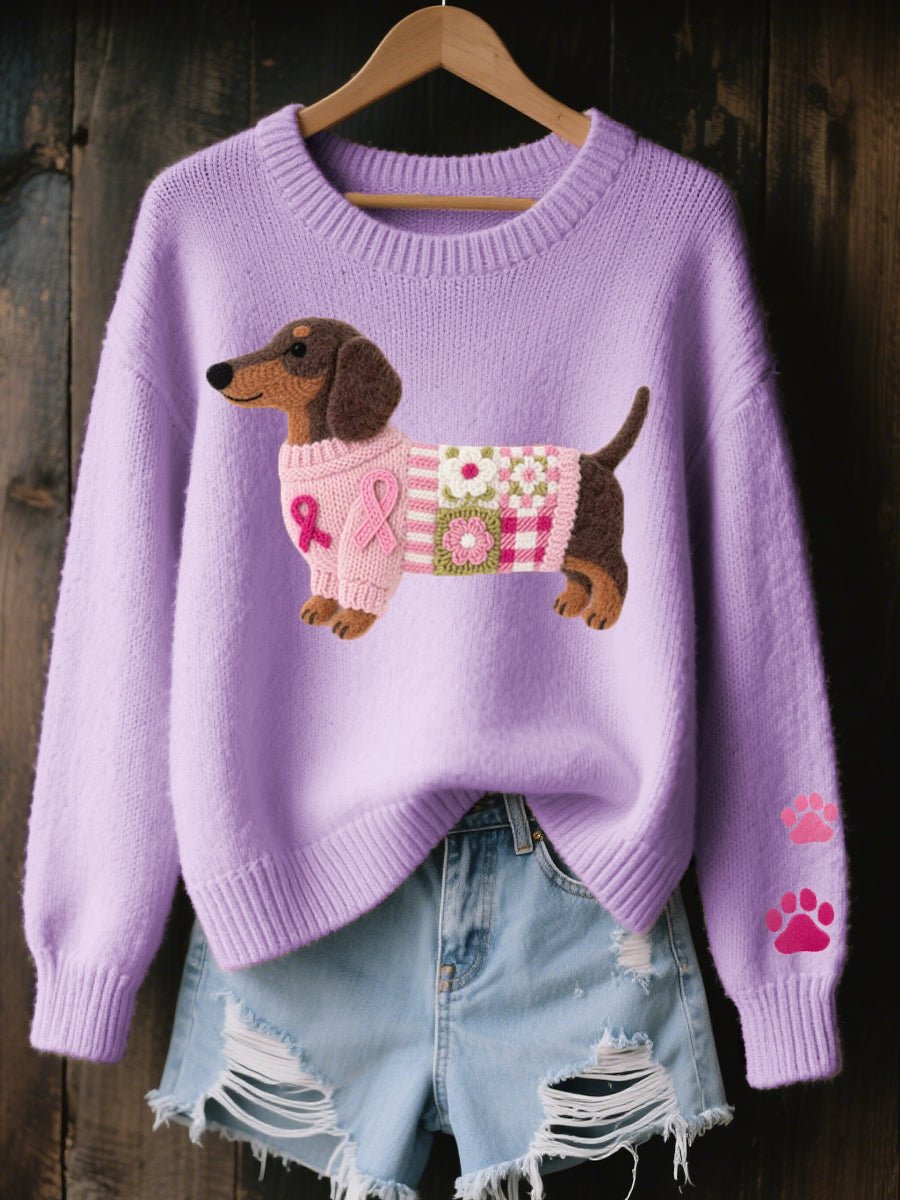 Women's Dachshund Patchwork Knitted Sweater Ribbed Crew Neck Jumper