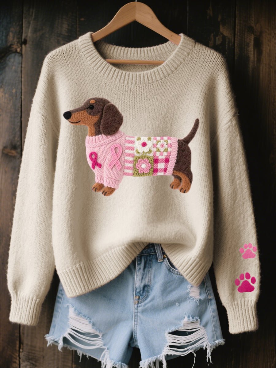 Women's Dachshund Patchwork Knitted Sweater Ribbed Crew Neck Jumper
