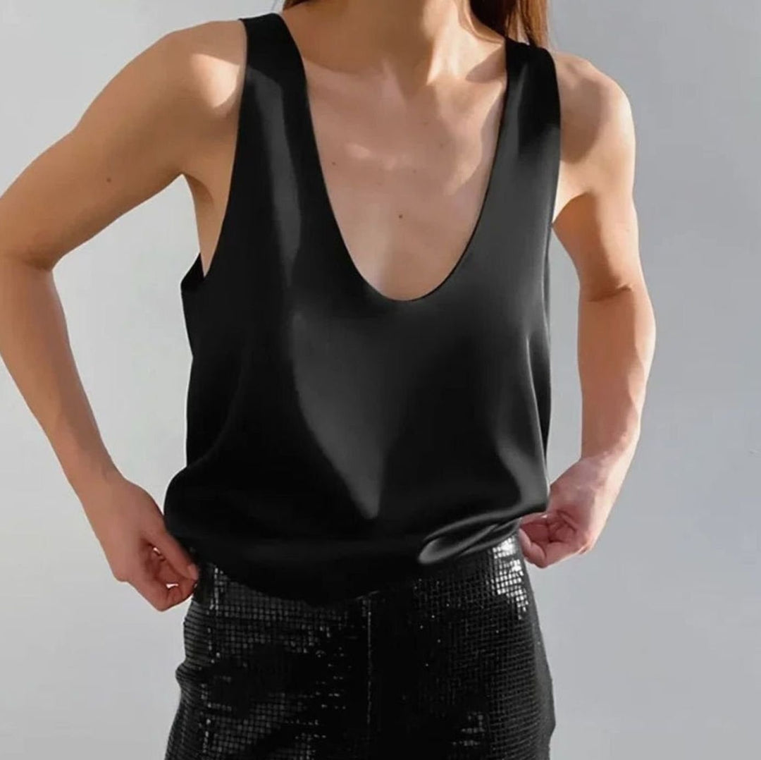 Women's Deep U-Neck Relaxed-Fit Satin Sleeveless Top