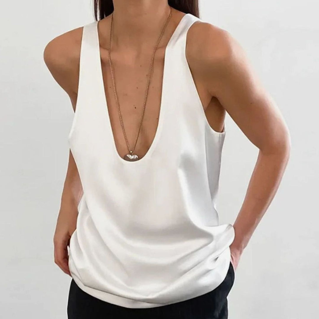 Women's Deep U-Neck Relaxed-Fit Satin Sleeveless Top