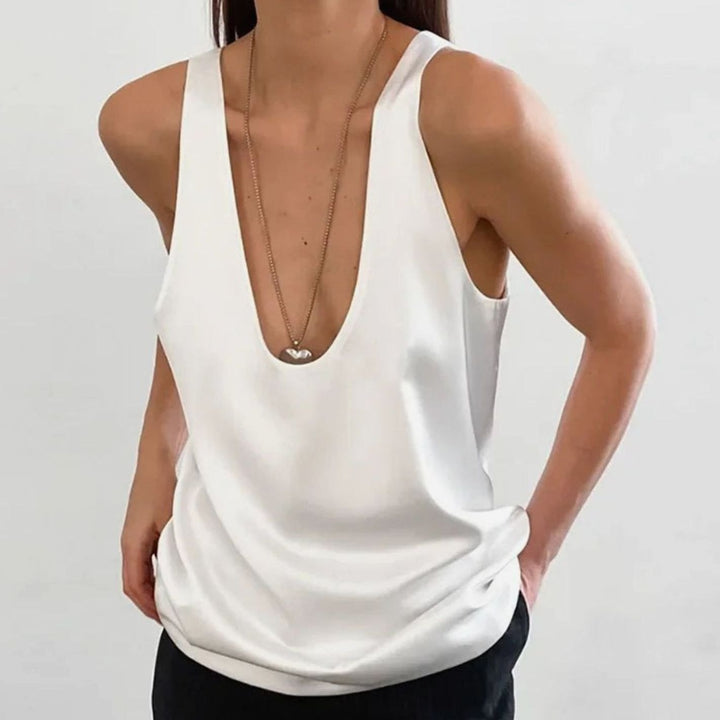 Women's Deep U-Neck Relaxed-Fit Satin Sleeveless Top