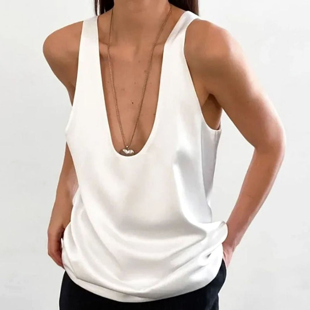 Women's Deep U-Neck Relaxed-Fit Satin Sleeveless Top