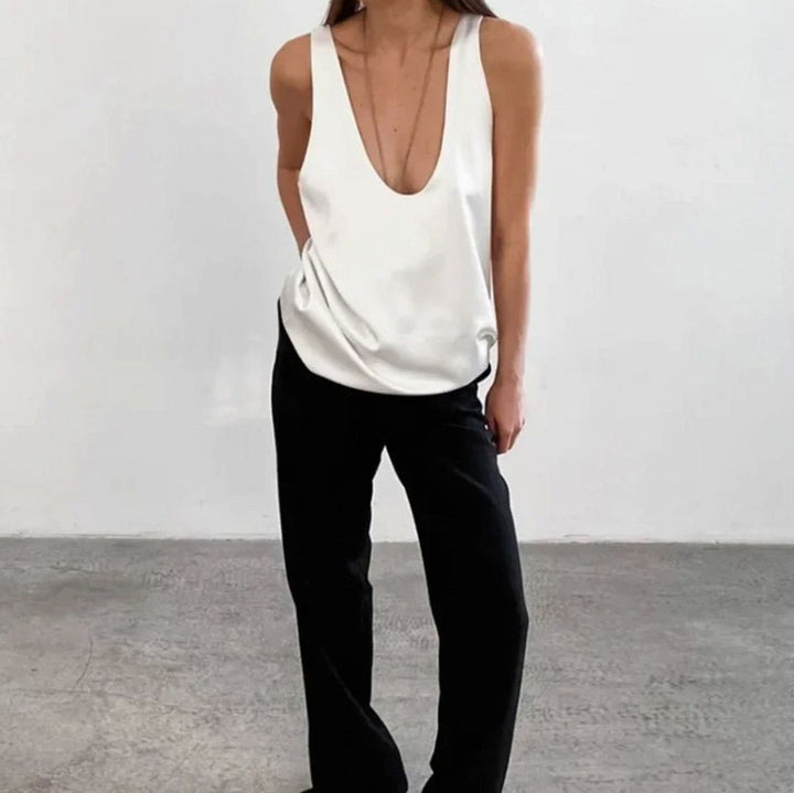 Women's Deep U-Neck Relaxed-Fit Satin Sleeveless Top