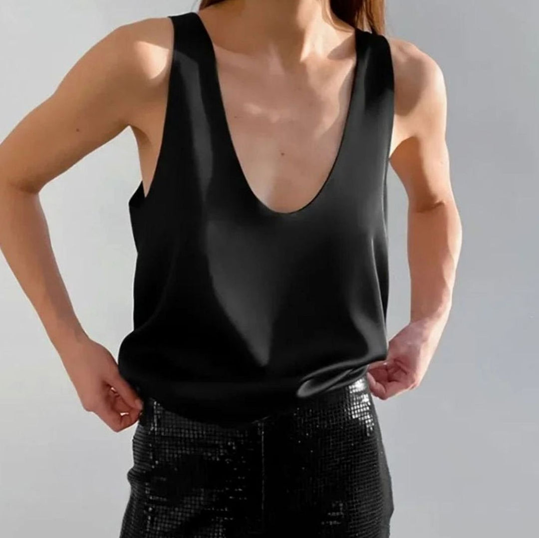 Women's Deep U-Neck Relaxed-Fit Satin Sleeveless Top