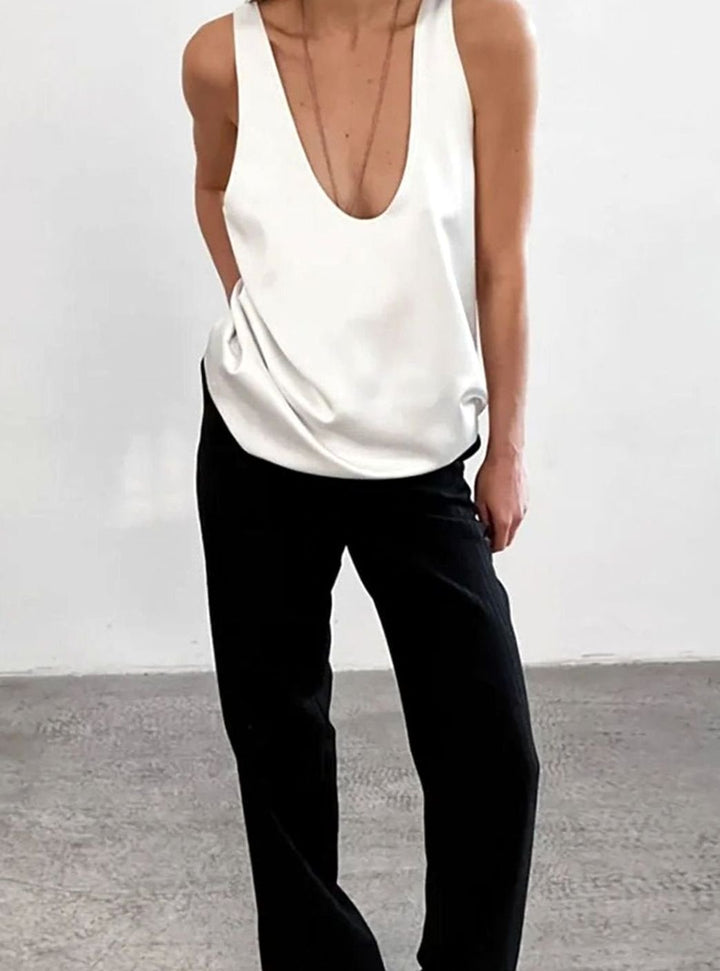 Women's Deep U-Neck Relaxed-Fit Satin Sleeveless Top