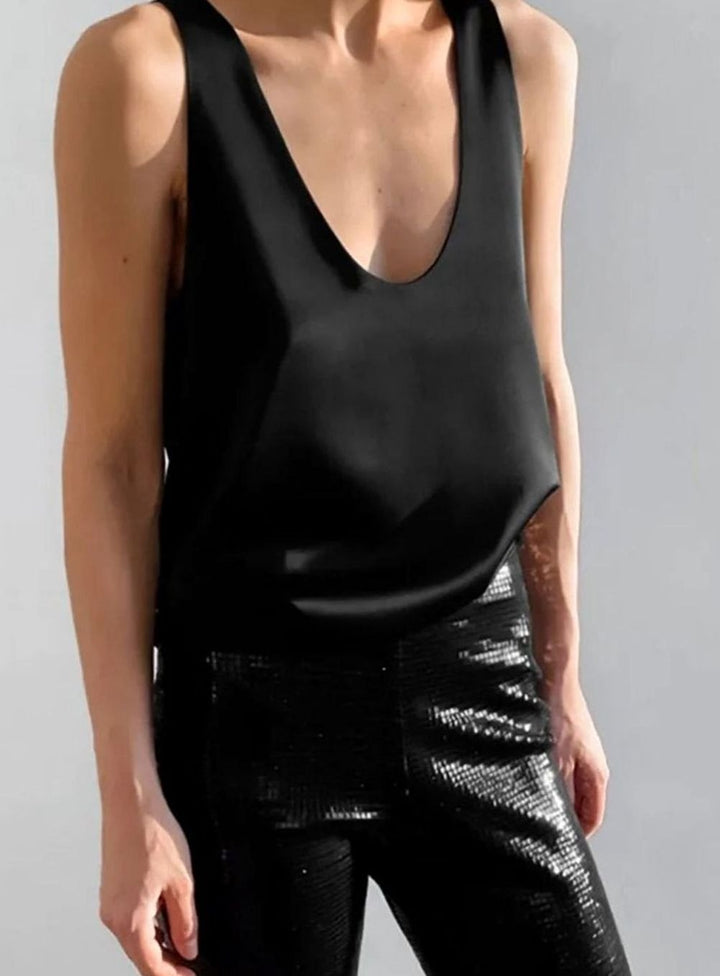 Women's Deep U-Neck Relaxed-Fit Satin Sleeveless Top
