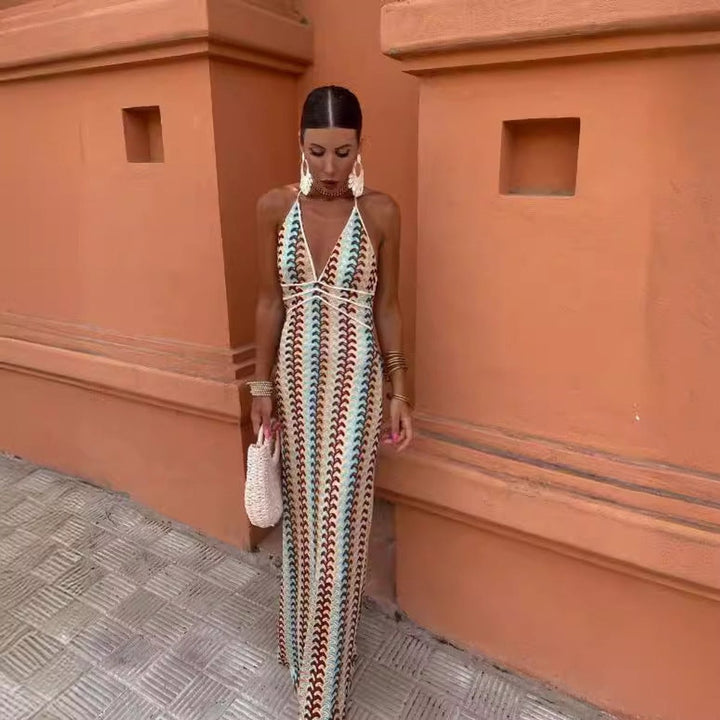 Women's Deep V-Neck Halter Knitted Dress Multicolour Wave Pattern Maxi