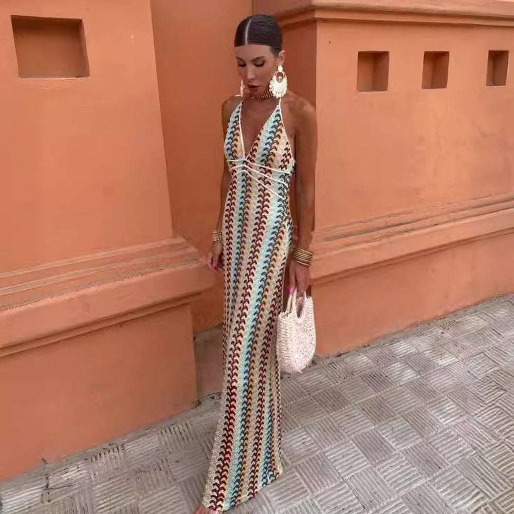 Women's Deep V-Neck Halter Knitted Dress Multicolour Wave Pattern Maxi