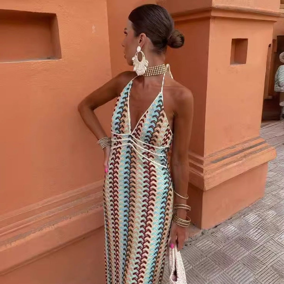 Women's Deep V-Neck Halter Knitted Dress Multicolour Wave Pattern Maxi
