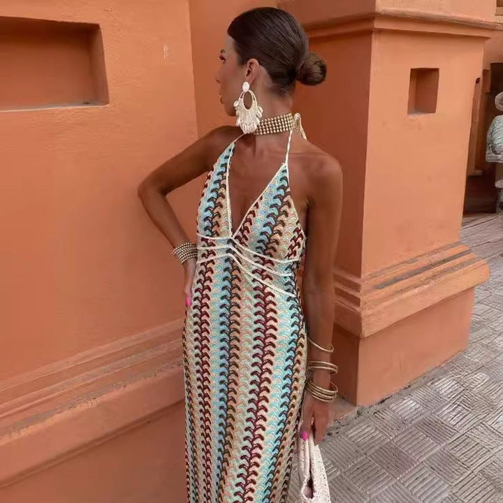 Women's Deep V-Neck Halter Knitted Dress Multicolour Wave Pattern Maxi