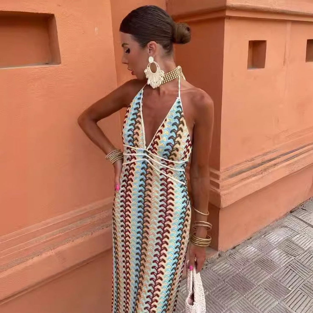 Women's Deep V-Neck Halter Knitted Dress Multicolour Wave Pattern Maxi
