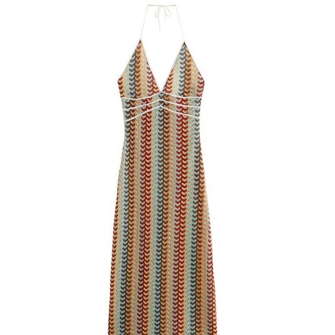 Women's Deep V-Neck Halter Knitted Dress Multicolour Wave Pattern Maxi