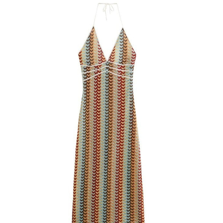 Women's Deep V-Neck Halter Knitted Dress Multicolour Wave Pattern Maxi