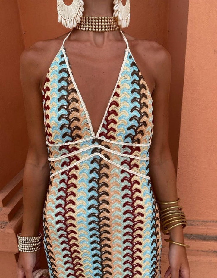 Women's Deep V-Neck Halter Knitted Dress Multicolour Wave Pattern Maxi