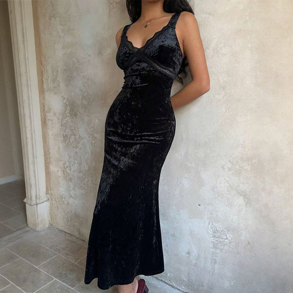 Women's Deep V-Neck Lace-Trim Velvet Party Dress Bodycon Maxi