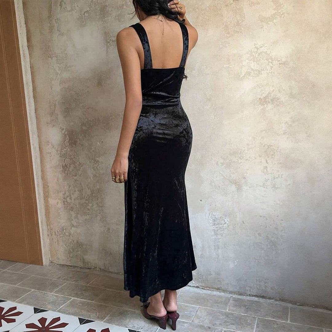 Women's Deep V-Neck Lace-Trim Velvet Party Dress Bodycon Maxi