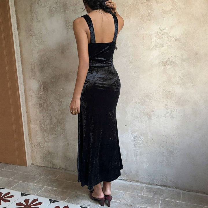 Women's Deep V-Neck Lace-Trim Velvet Party Dress Bodycon Maxi