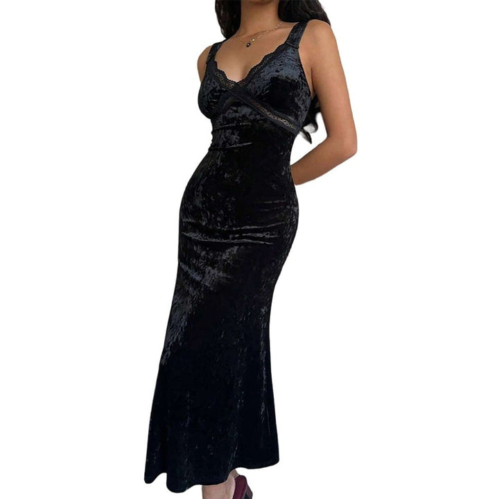 Women's Deep V-Neck Lace-Trim Velvet Party Dress Bodycon Maxi - Black