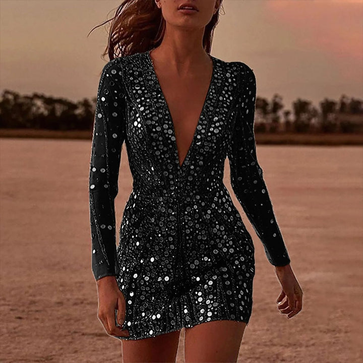 Women's Deep V-Neck Long Sleeve Sequin Cocktail Party Dress