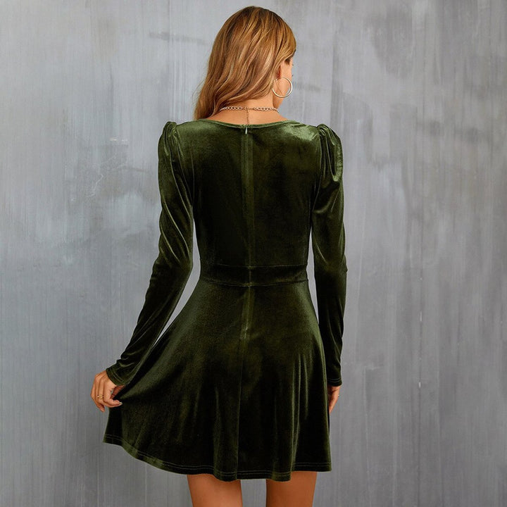 Women's Deep V-Neck Long-Sleeve Velvet Party Dress