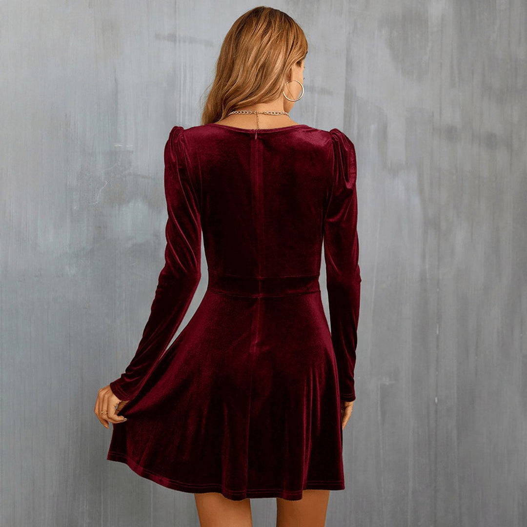 Women's Deep V-Neck Long-Sleeve Velvet Party Dress Skater