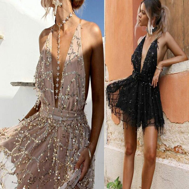 Women's Deep V-Neck Sequin Swing Cocktail Party Dress