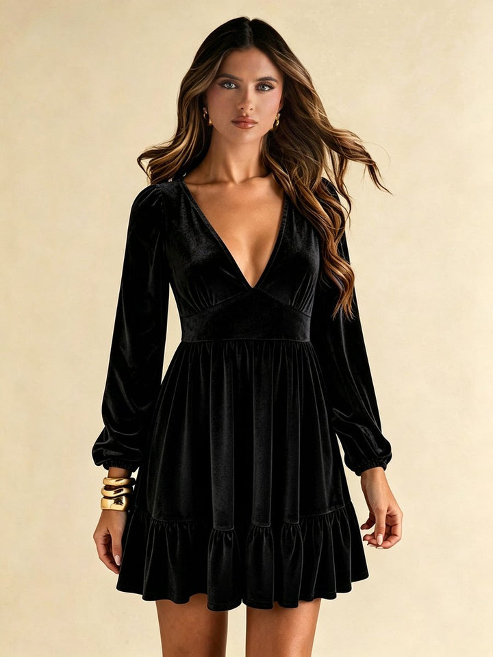 Women's Deep V-Neck Velvet Party Dress Empire-Waist Balloon-Sleeve Mini - Black