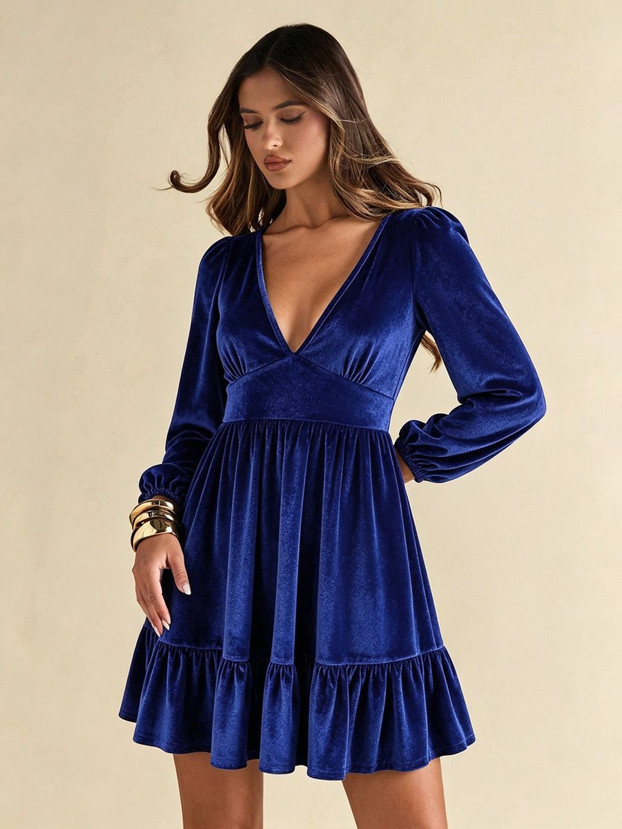 Women's Deep V-Neck Velvet Party Dress Empire-Waist Balloon-Sleeve Mini - Blue