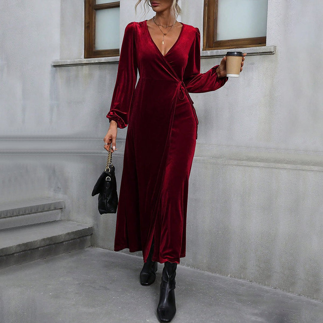 Women's Deep V-Neck Velvet Party Dress Long Sleeve Wrap Maxi