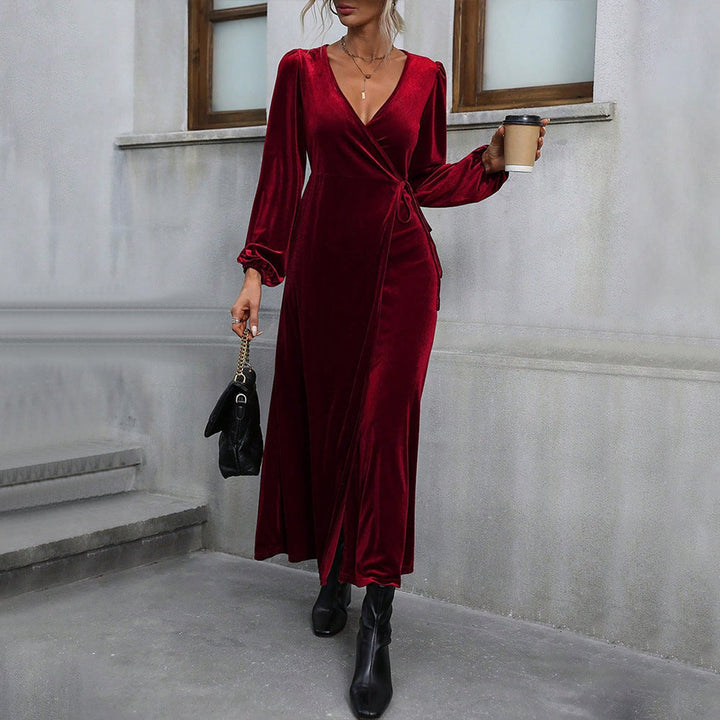 Women's Deep V-Neck Velvet Party Dress Long Sleeve Wrap Maxi