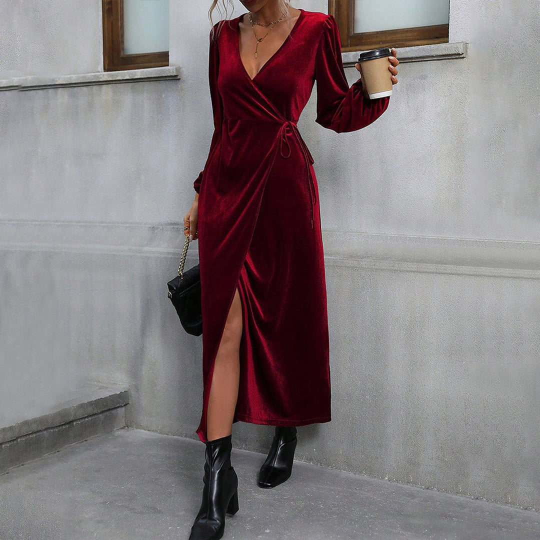 Women's Deep V-Neck Velvet Party Dress Long Sleeve Wrap Maxi